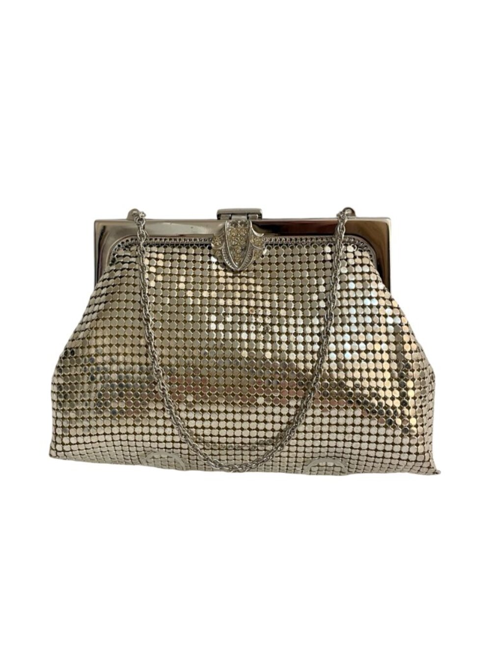Whiting & Davis USA Silver Mesh Evening Bag Rhinestone Clasp Vintage Cocktail Pu